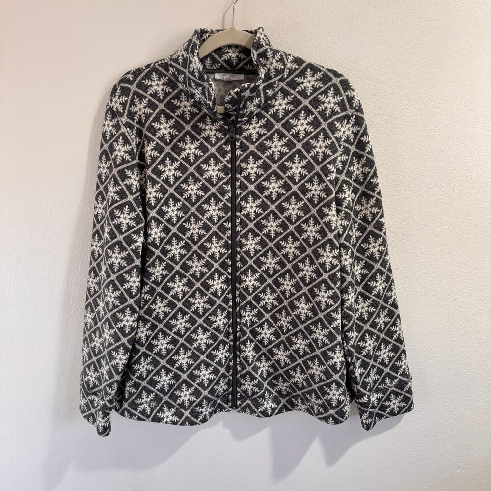 T by Talbots Jacket Sweatshirt XL Zip Front Snowflake Gray White Holiday Winter